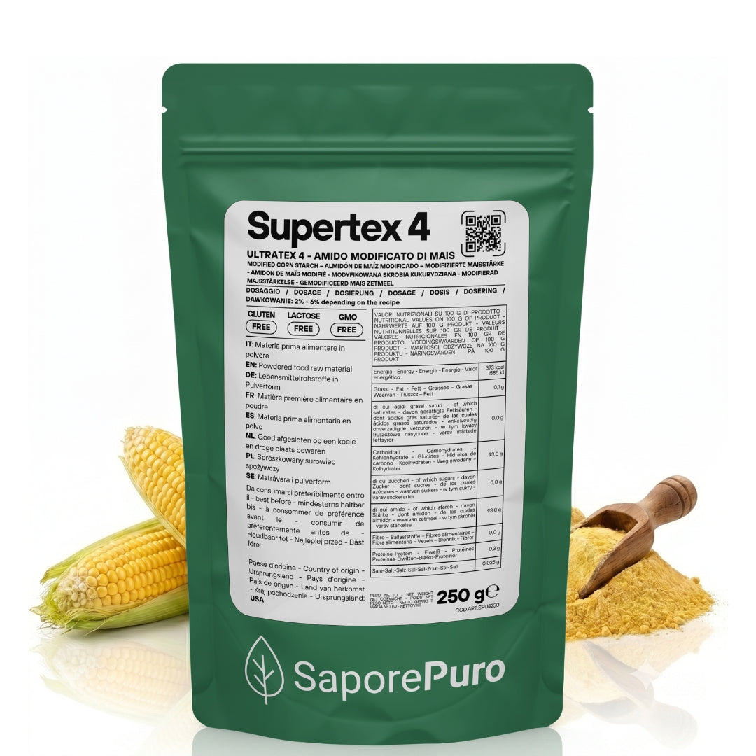Amido alimentare pregelatinizzato SUPERTEX 4 di SaporePuro, modificato da mais, per uso a freddo, confezione da prodotto alimentare.